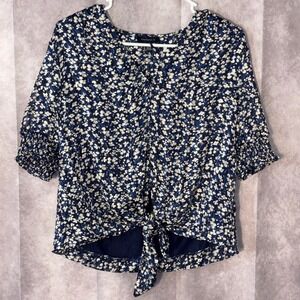 Floral Tie-Front Blouse in Navy and White - Women's Top